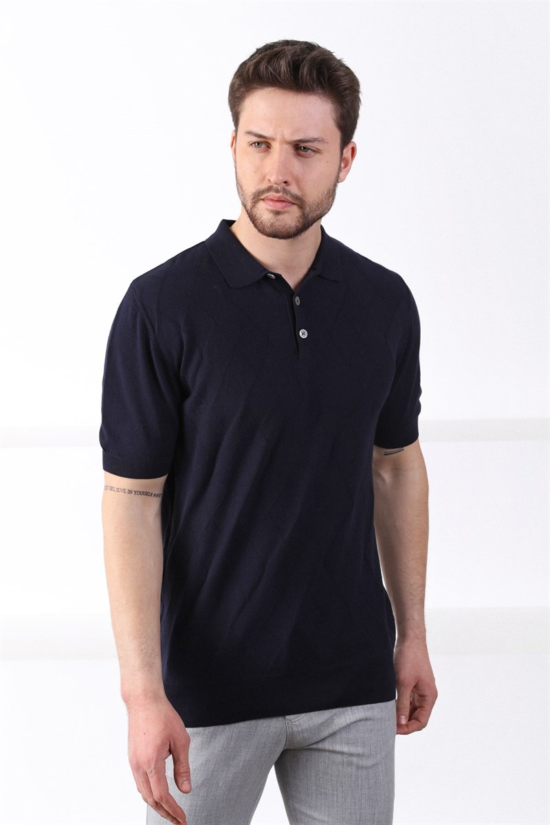 Ferraro Lacivert Polo Yaka Baklava Desen Erkek Pamuk Triko T-Shirt