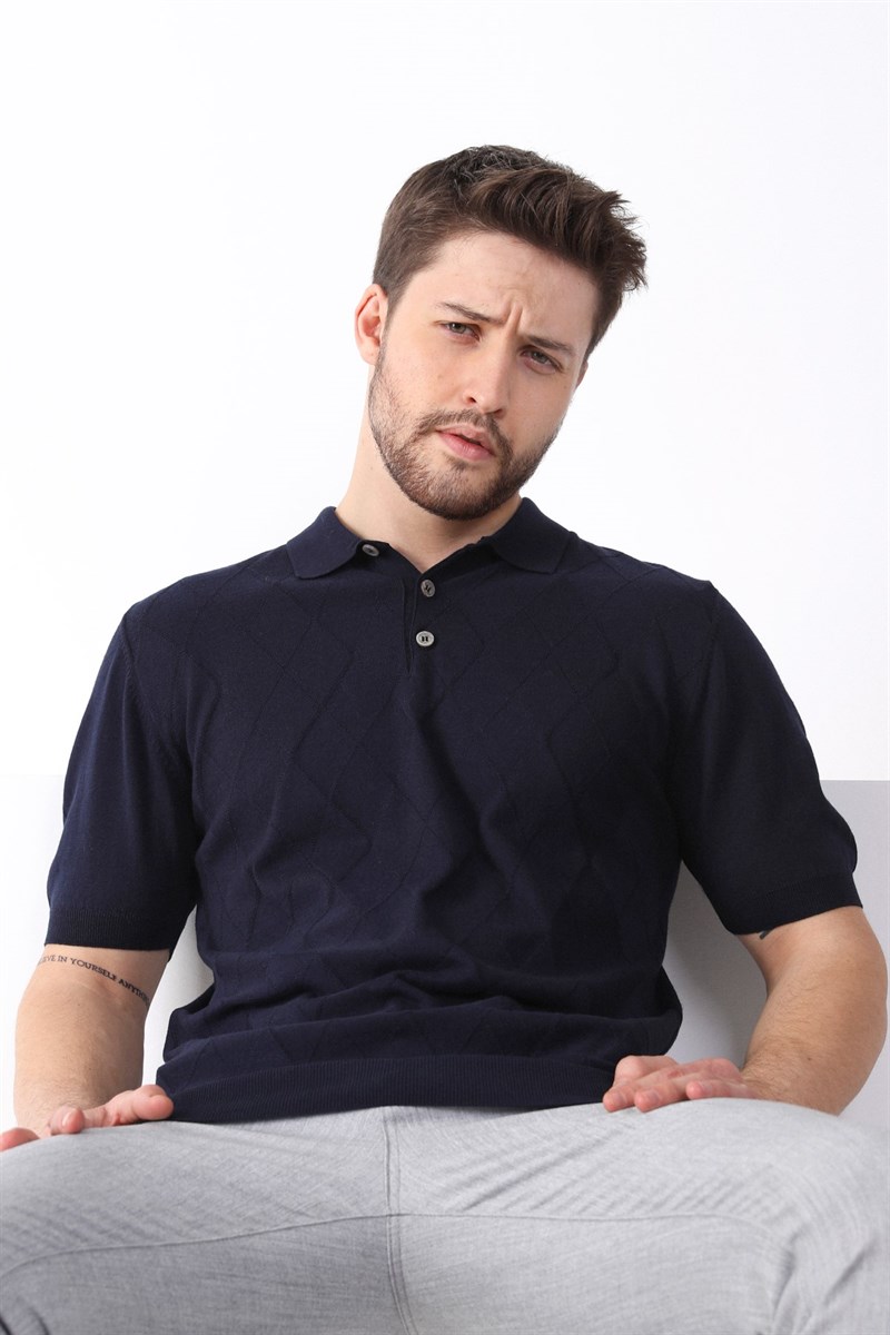 Ferraro Lacivert Polo Yaka Baklava Desen Erkek Pamuk Triko T-Shirt