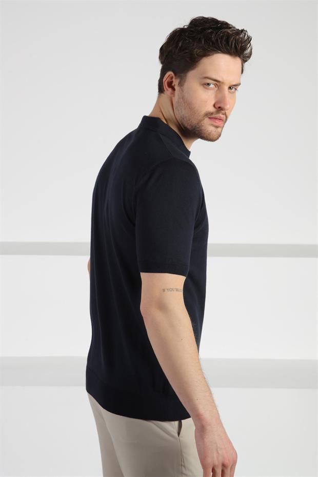 Ferraro Lacivert Polo Yaka Fermuarlı Erkek Pamuk Triko T-Shirt