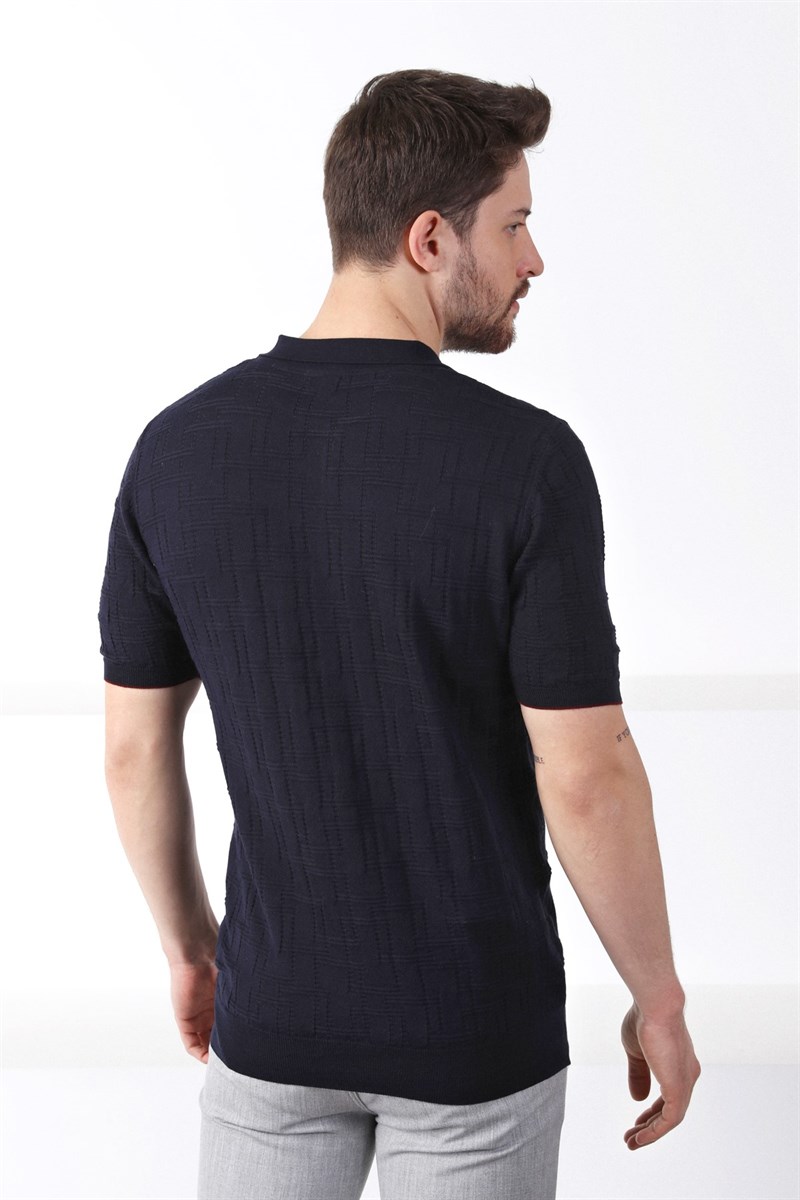 Ferraro Lacivert Polo Yaka Fermuarlı Erkek Pamuk Triko T-Shirt