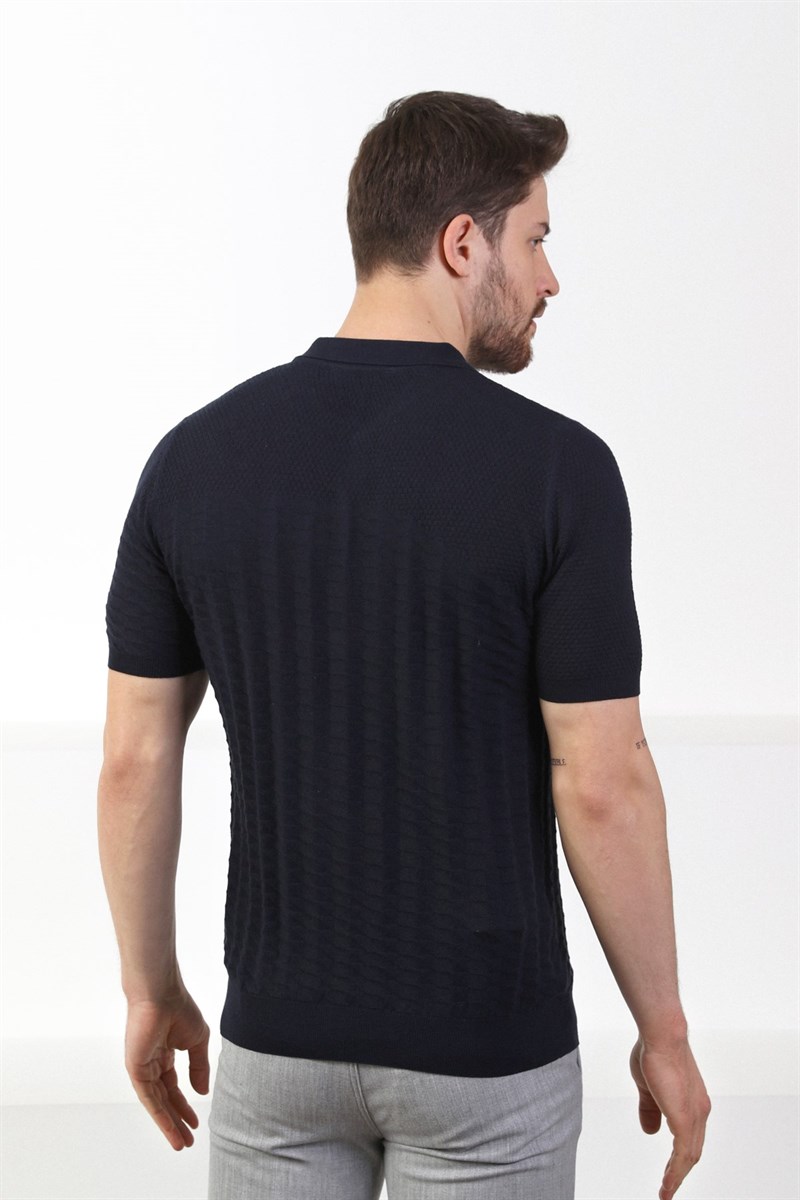 Ferraro Lacivert Polo Yaka Fermuarlı Erkek Pamuk Triko T-Shirt