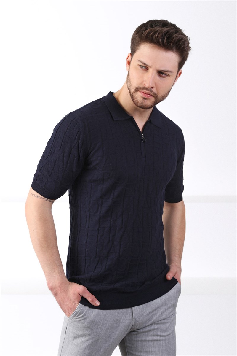 Ferraro Lacivert Polo Yaka Fermuarlı Erkek Pamuk Triko T-Shirt