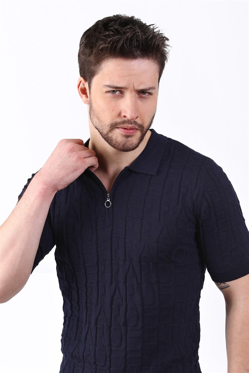 Ferraro Lacivert Polo Yaka Fermuarlı Erkek Pamuk Triko T-Shirt