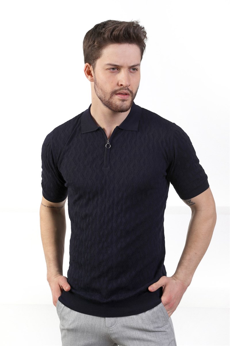 Ferraro Lacivert Polo Yaka Fermuarlı Erkek Pamuk Triko T-Shirt