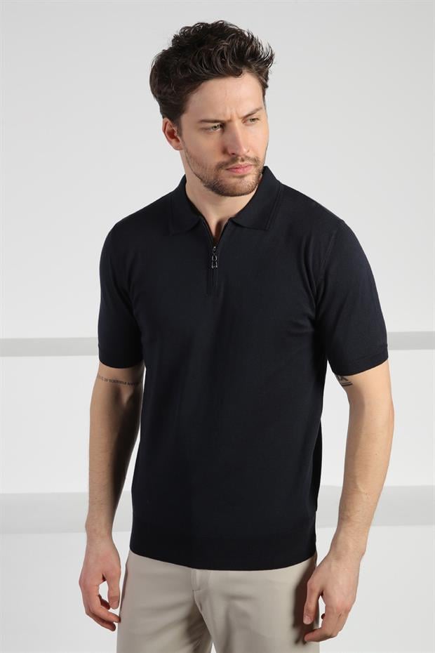 Ferraro Lacivert Polo Yaka Fermuarlı Erkek Pamuk Triko T-Shirt
