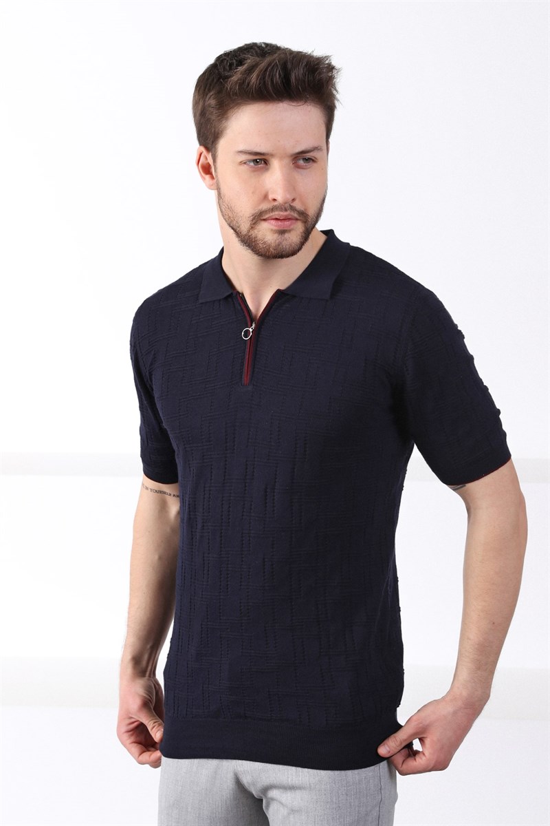 Ferraro Lacivert Polo Yaka Fermuarlı Erkek Pamuk Triko T-Shirt