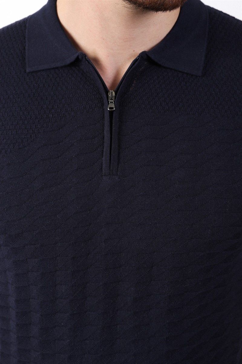 Ferraro Lacivert Polo Yaka Fermuarlı Erkek Pamuk Triko T-Shirt