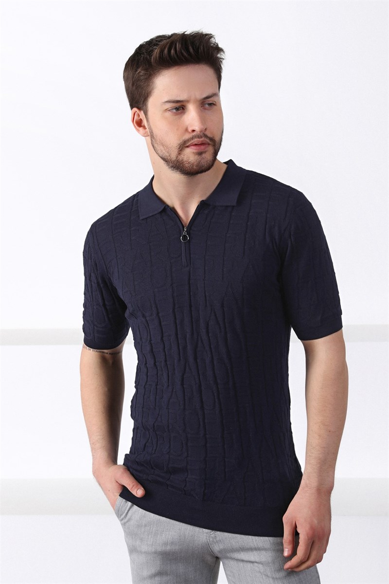 Ferraro Lacivert Polo Yaka Fermuarlı Erkek Pamuk Triko T-Shirt