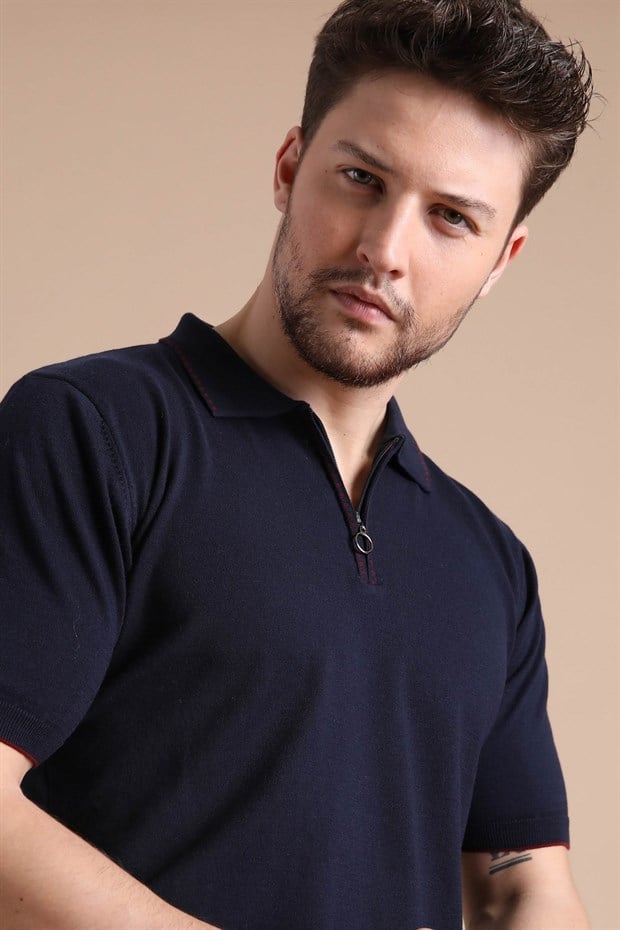 Ferraro Lacivert Polo Yaka Fermuarlı Erkek Pamuk Triko T-Shirt