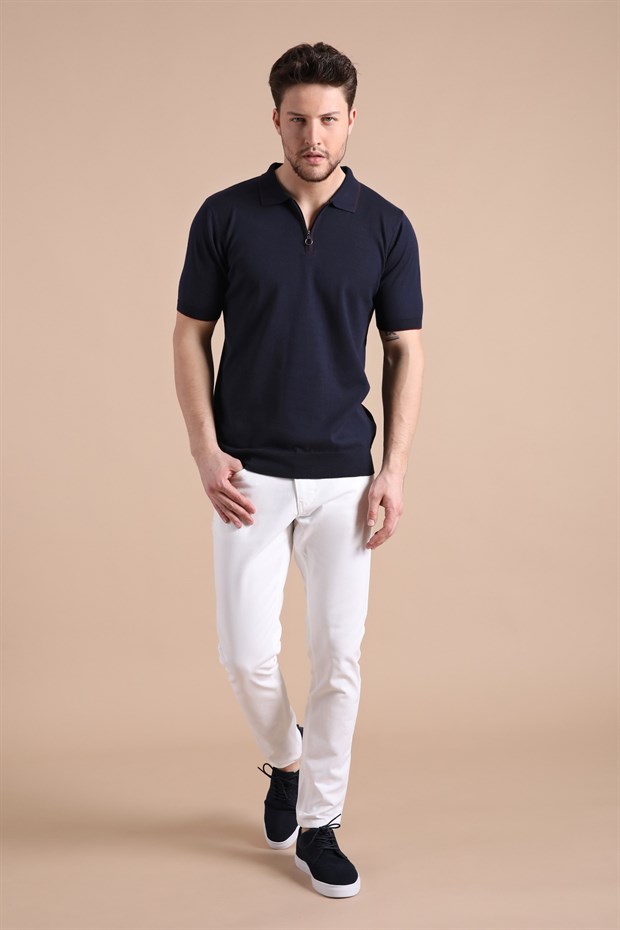 Ferraro Lacivert Polo Yaka Fermuarlı Erkek Pamuk Triko T-Shirt