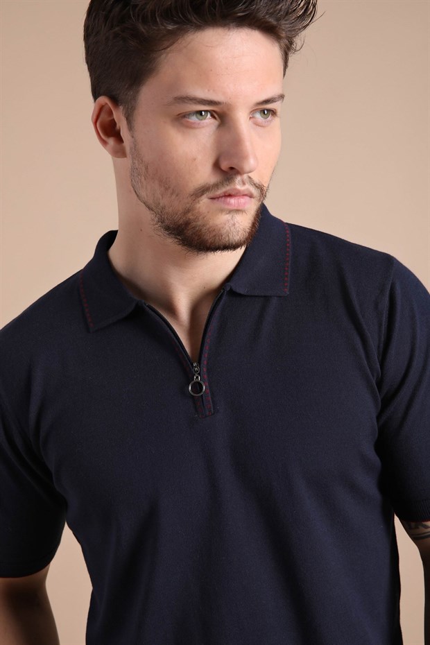 Ferraro Lacivert Polo Yaka Fermuarlı Erkek Pamuk Triko T-Shirt