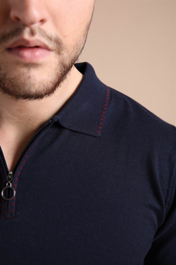 Ferraro Lacivert Polo Yaka Fermuarlı Erkek Pamuk Triko T-Shirt