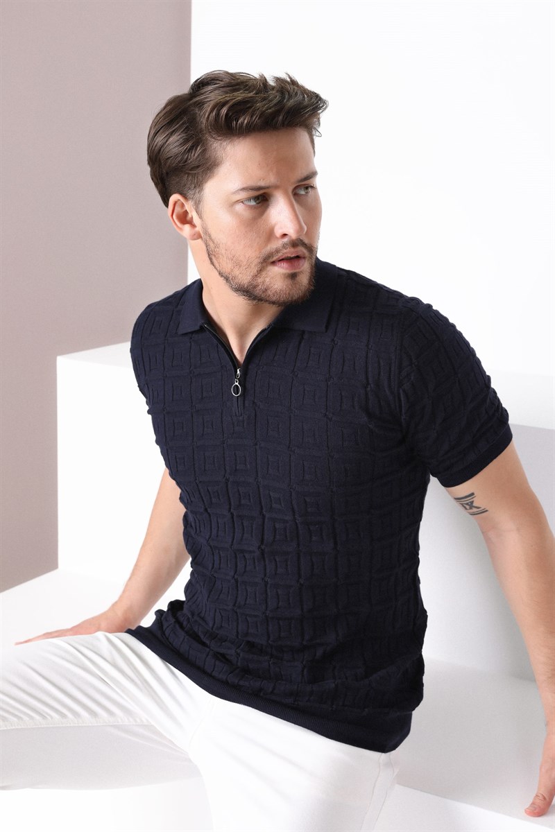 Ferraro Lacivert Polo Yaka Fermuarlı Erkek Pamuk Triko T-Shirt