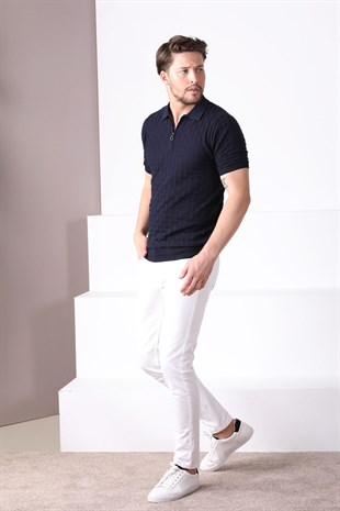 Ferraro Lacivert Polo Yaka Fermuarlı Erkek Pamuk Triko T-Shirt