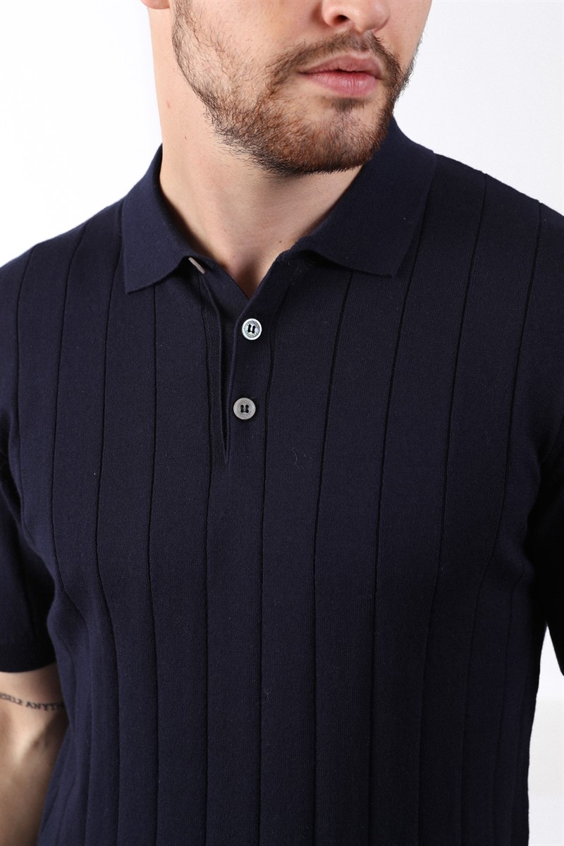 Ferraro Lacivert Polo Yaka Fitilli Erkek Pamuk Triko T-Shirt
