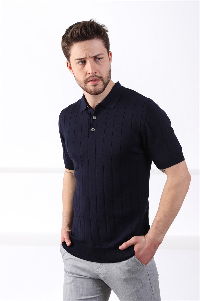 Ferraro Lacivert Polo Yaka Fitilli Erkek Pamuk Triko T-Shirt