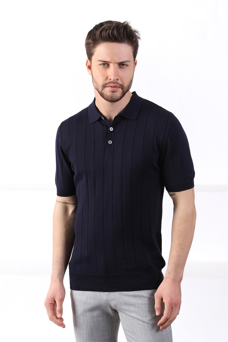Ferraro Lacivert Polo Yaka Fitilli Erkek Pamuk Triko T-Shirt