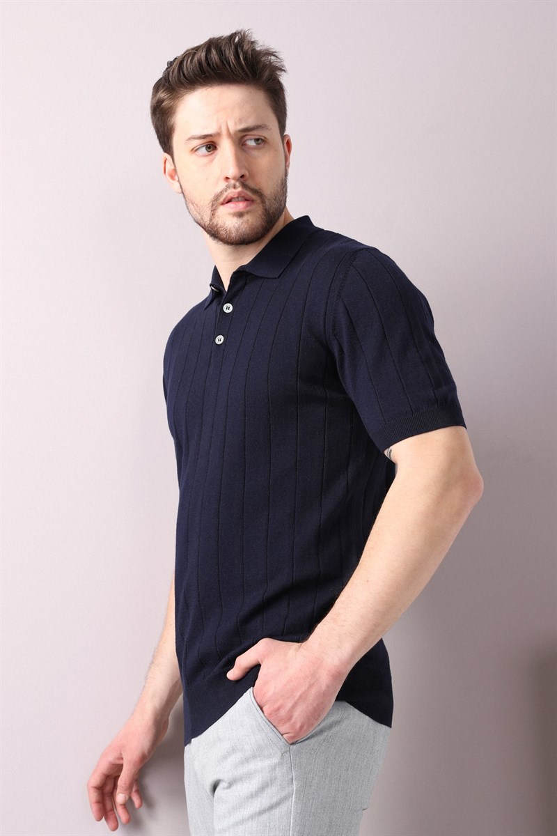 Ferraro Lacivert Polo Yaka Fitilli Erkek Pamuk Triko T-Shirt