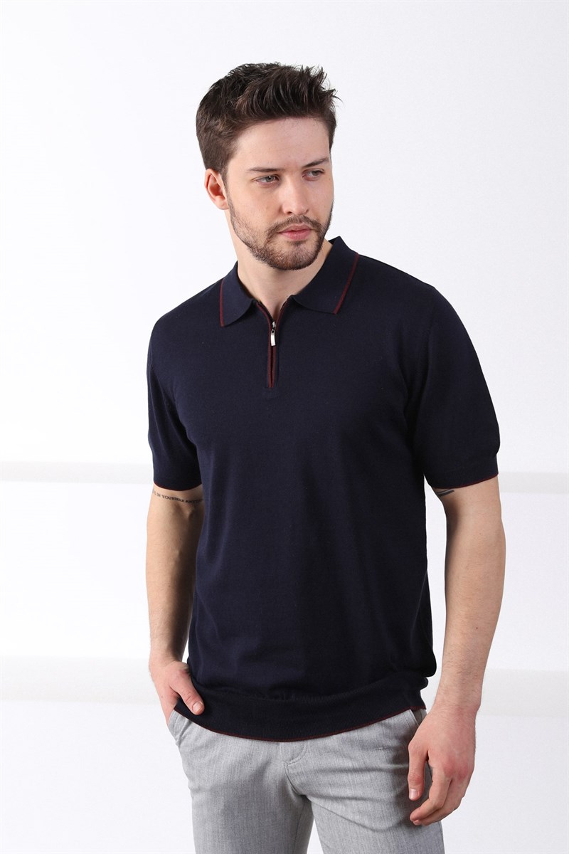Ferraro Lacivert Yaka Şerit Fermuarlı Erkek Pamuk Triko T-Shirt