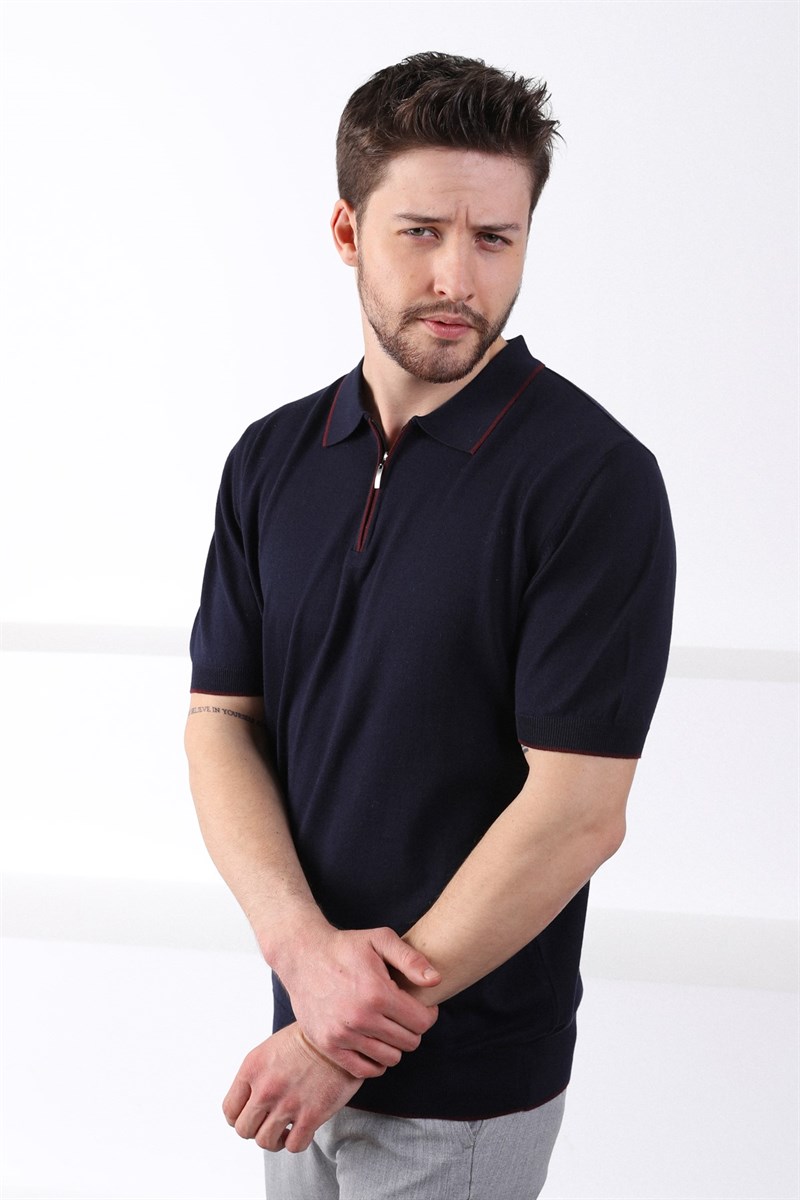 Ferraro Lacivert Yaka Şerit Fermuarlı Erkek Pamuk Triko T-Shirt