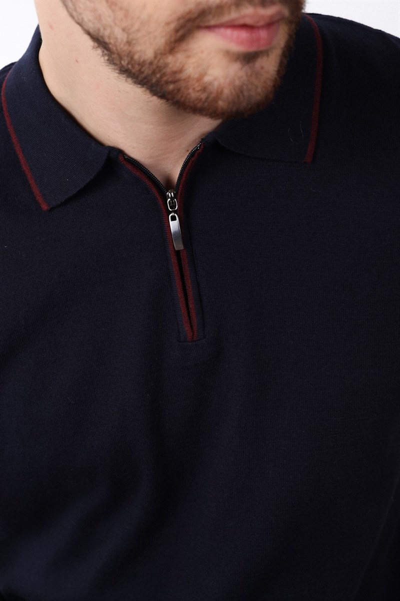 Ferraro Lacivert Yaka Şerit Fermuarlı Erkek Pamuk Triko T-Shirt
