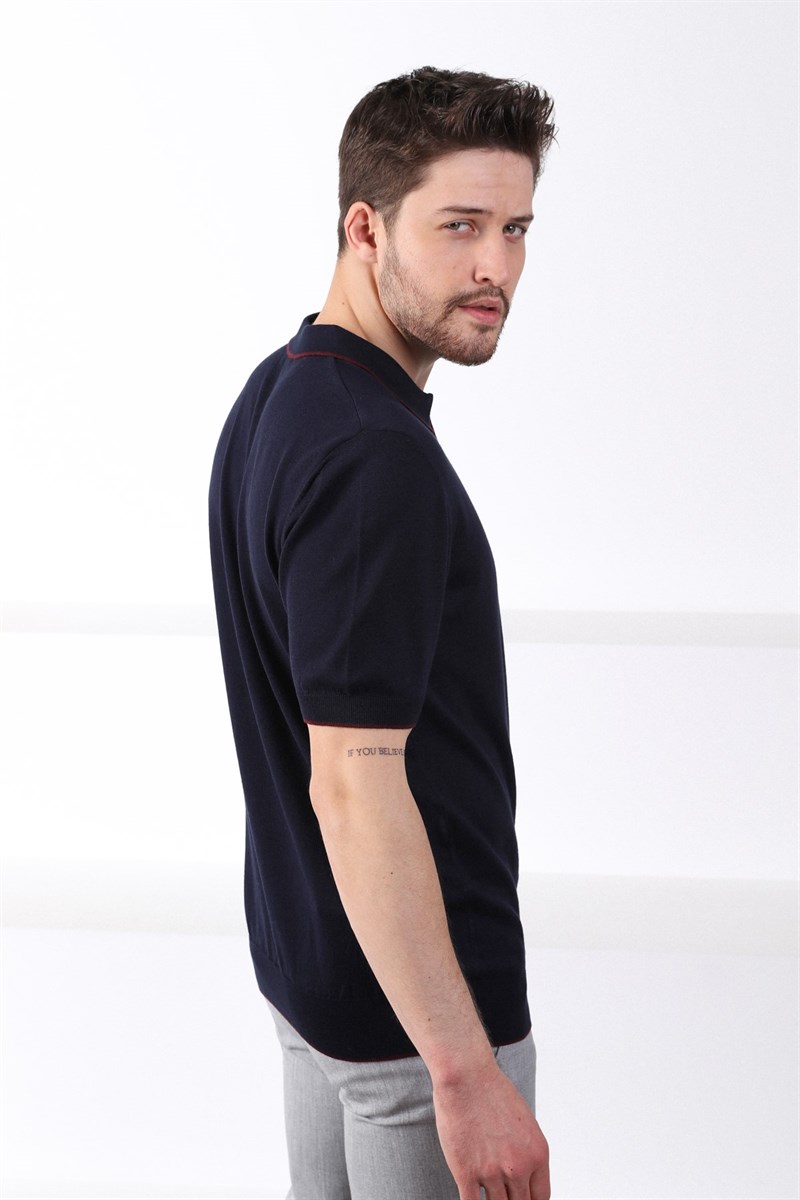 Ferraro Lacivert Yaka Şerit Fermuarlı Erkek Pamuk Triko T-Shirt