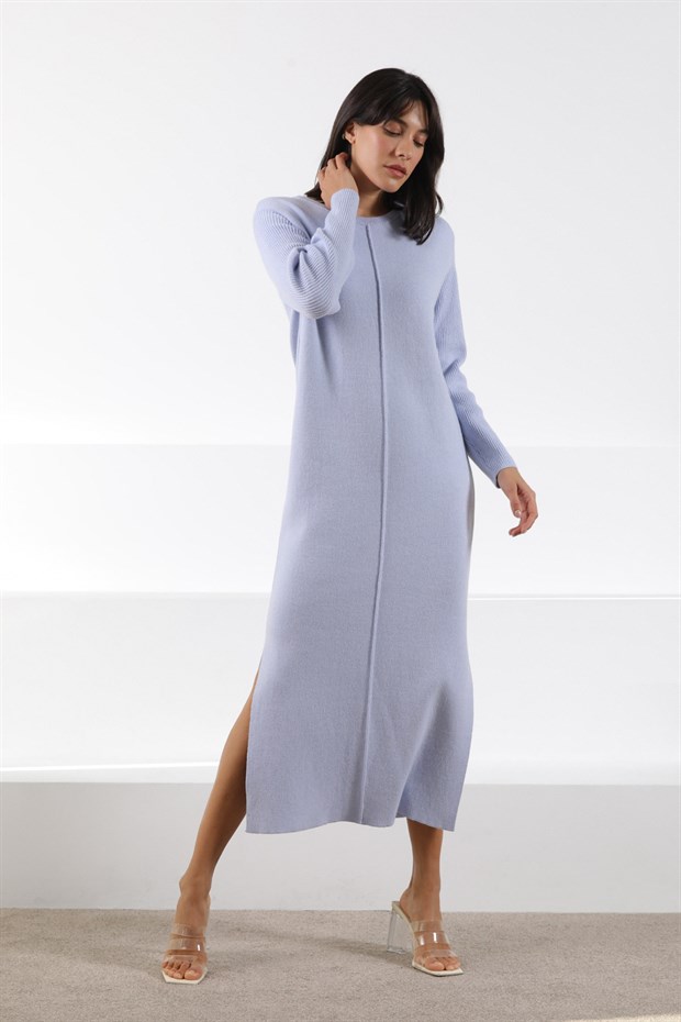 Ferraro Lila Yandan Yırtmaçlı Midi Boy Bisiklet Yaka Kaşmirli Kadın Triko Elbise