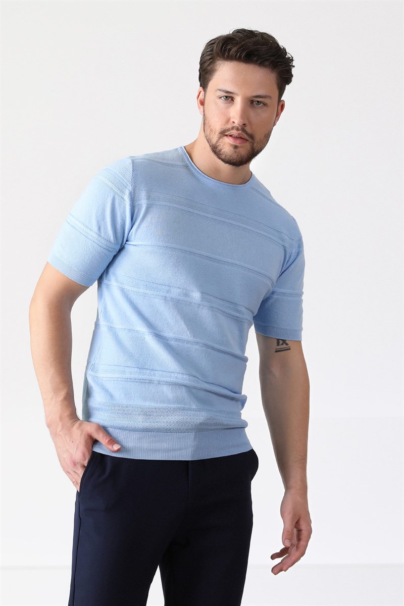 Ferraro Mavi Bisiklet Yaka Erkek Pamuk Triko T-Shirt