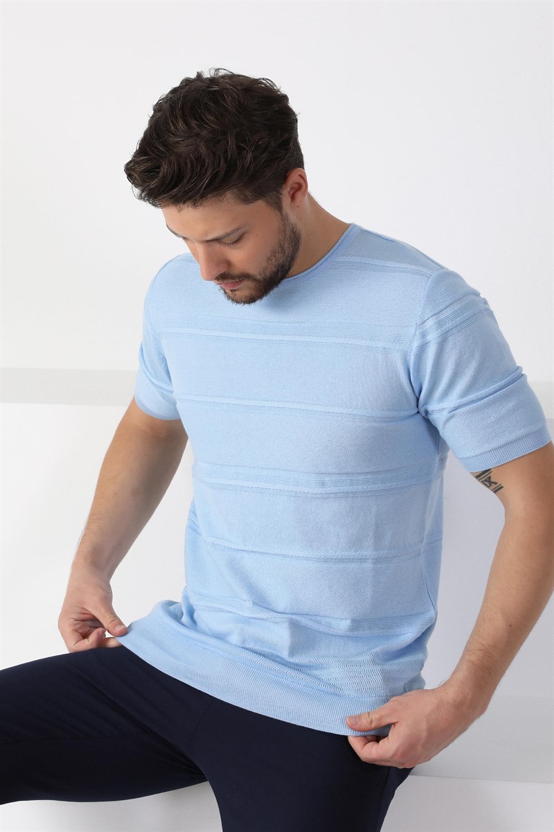 Ferraro Mavi Bisiklet Yaka Erkek Pamuk Triko T-Shirt