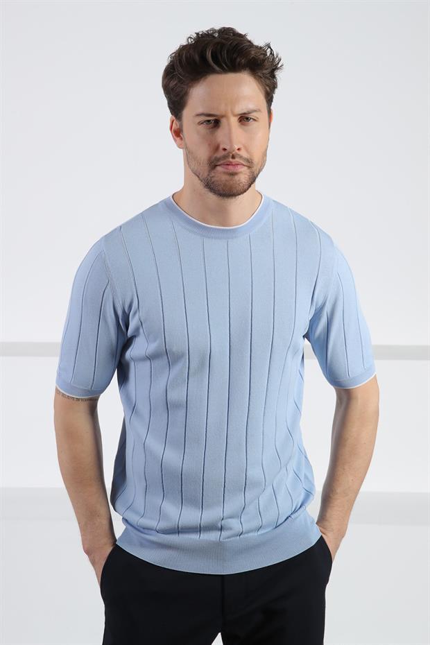 Ferraro Mavi Bisiklet Yaka Kısa Kol Erkek Viskon Triko T-Shirt