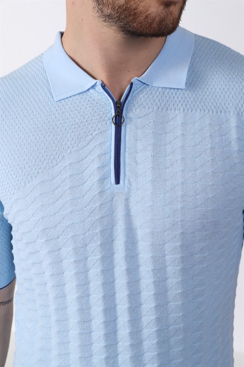 Ferraro Mavi Polo Yaka Fermuarlı Erkek Pamuk Triko T-Shirt