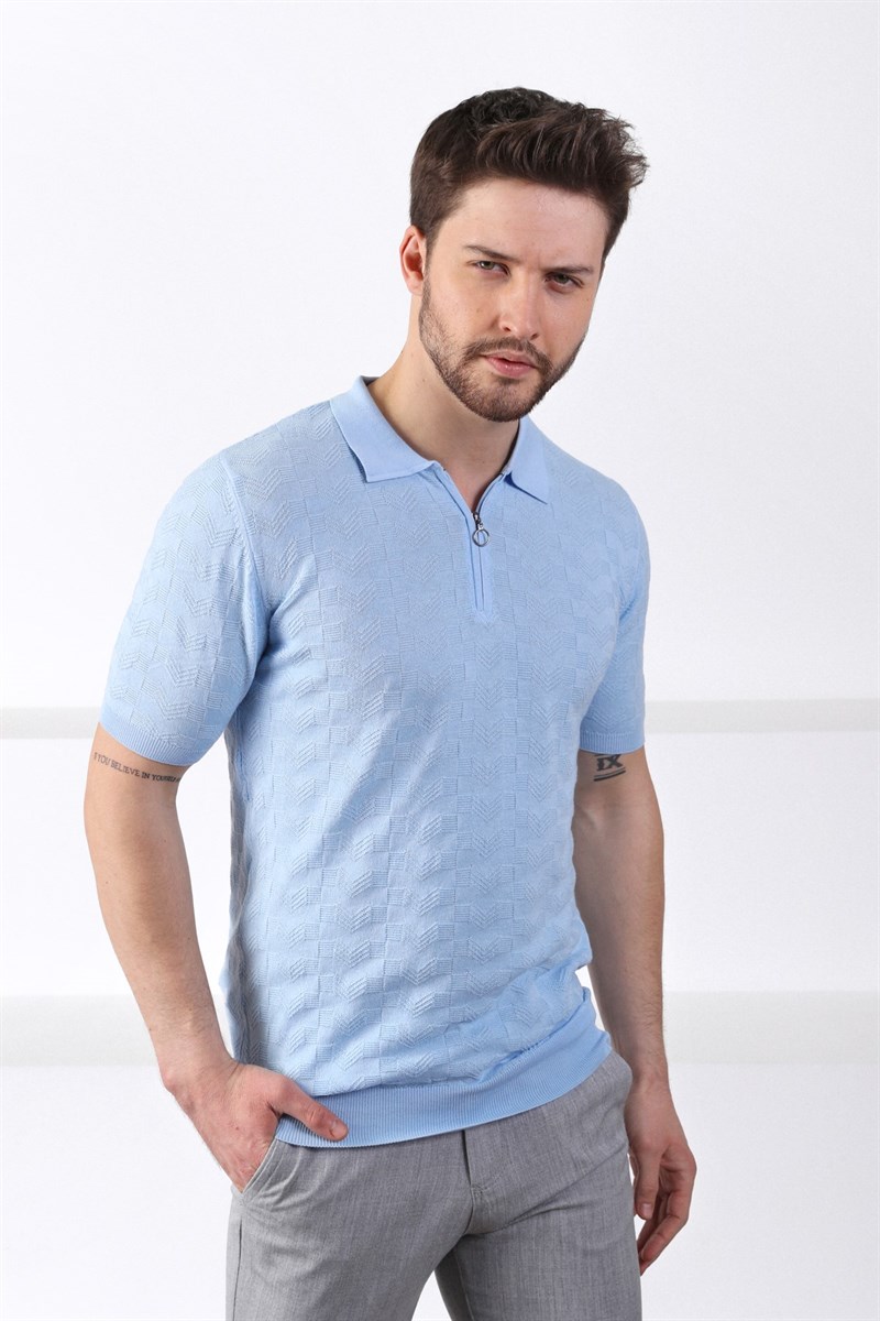 Ferraro Mavi Polo Yaka Fermuarlı Erkek Pamuk Triko T-Shirt