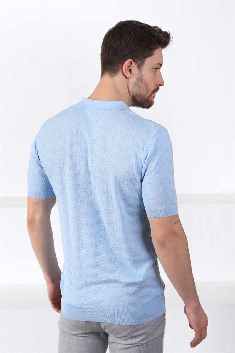 Ferraro Mavi Polo Yaka Fermuarlı Erkek Pamuk Triko T-Shirt