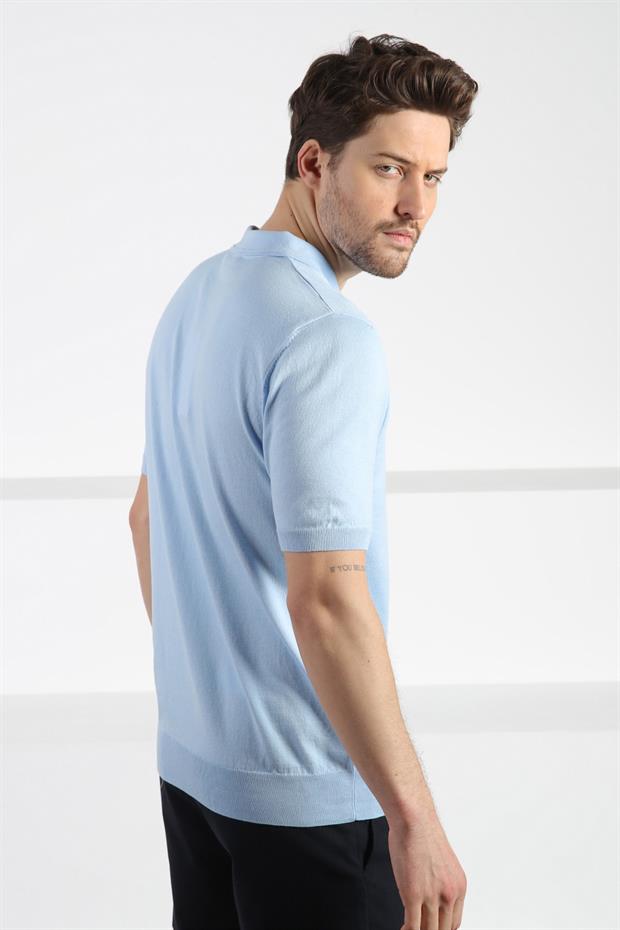 Ferraro Mavi Polo Yaka Fermuarlı Erkek Pamuk Triko T-Shirt