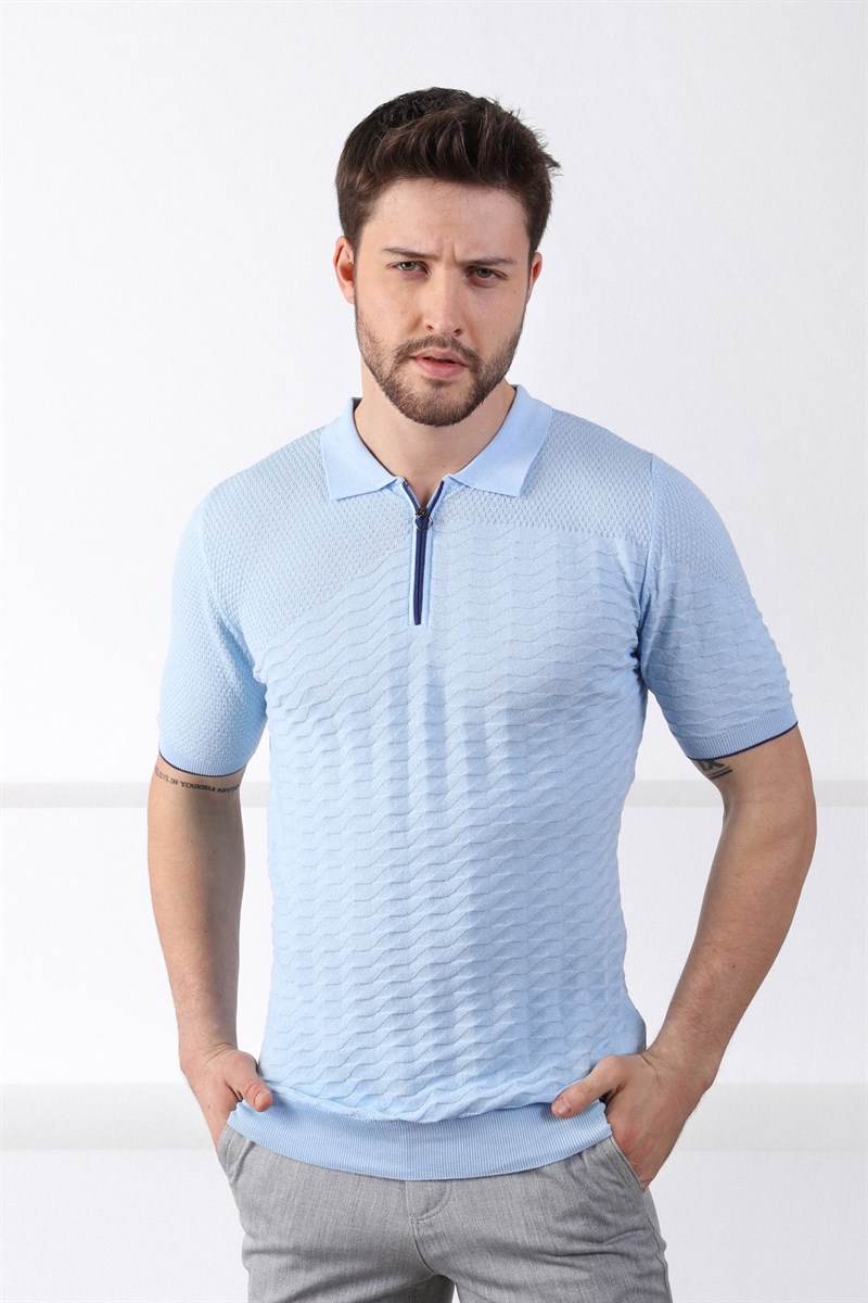 Ferraro Mavi Polo Yaka Fermuarlı Erkek Pamuk Triko T-Shirt