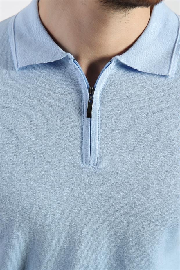 Ferraro Mavi Polo Yaka Fermuarlı Erkek Pamuk Triko T-Shirt