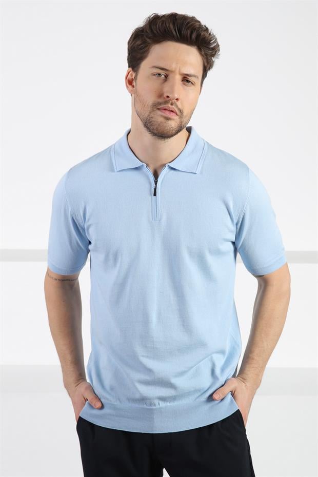 Ferraro Mavi Polo Yaka Fermuarlı Erkek Pamuk Triko T-Shirt