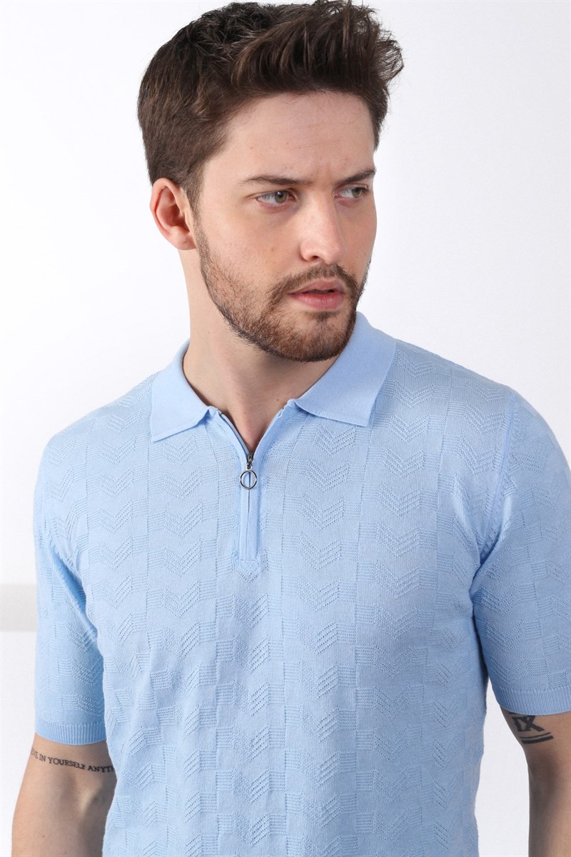 Ferraro Mavi Polo Yaka Fermuarlı Erkek Pamuk Triko T-Shirt