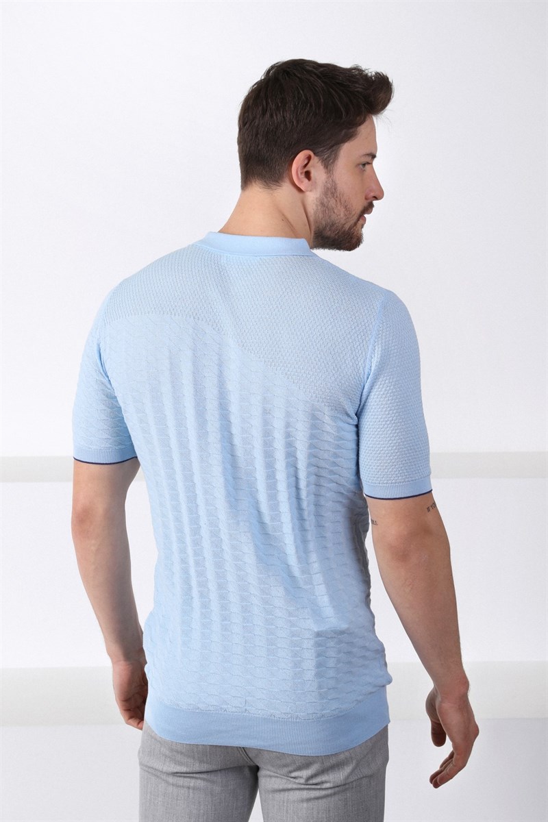 Ferraro Mavi Polo Yaka Fermuarlı Erkek Pamuk Triko T-Shirt