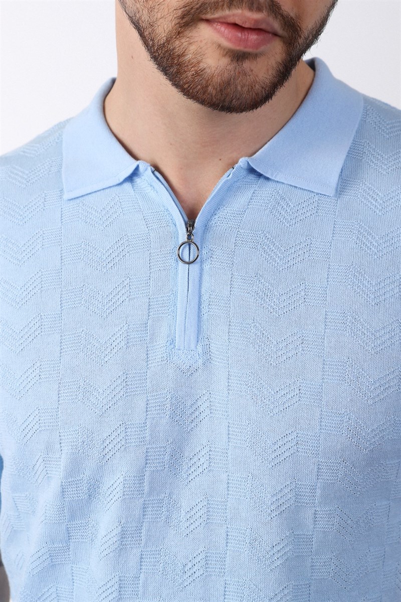 Ferraro Mavi Polo Yaka Fermuarlı Erkek Pamuk Triko T-Shirt