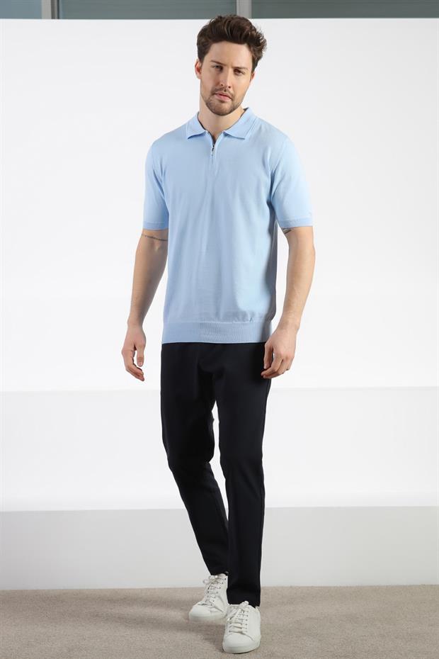 Ferraro Mavi Polo Yaka Fermuarlı Erkek Pamuk Triko T-Shirt