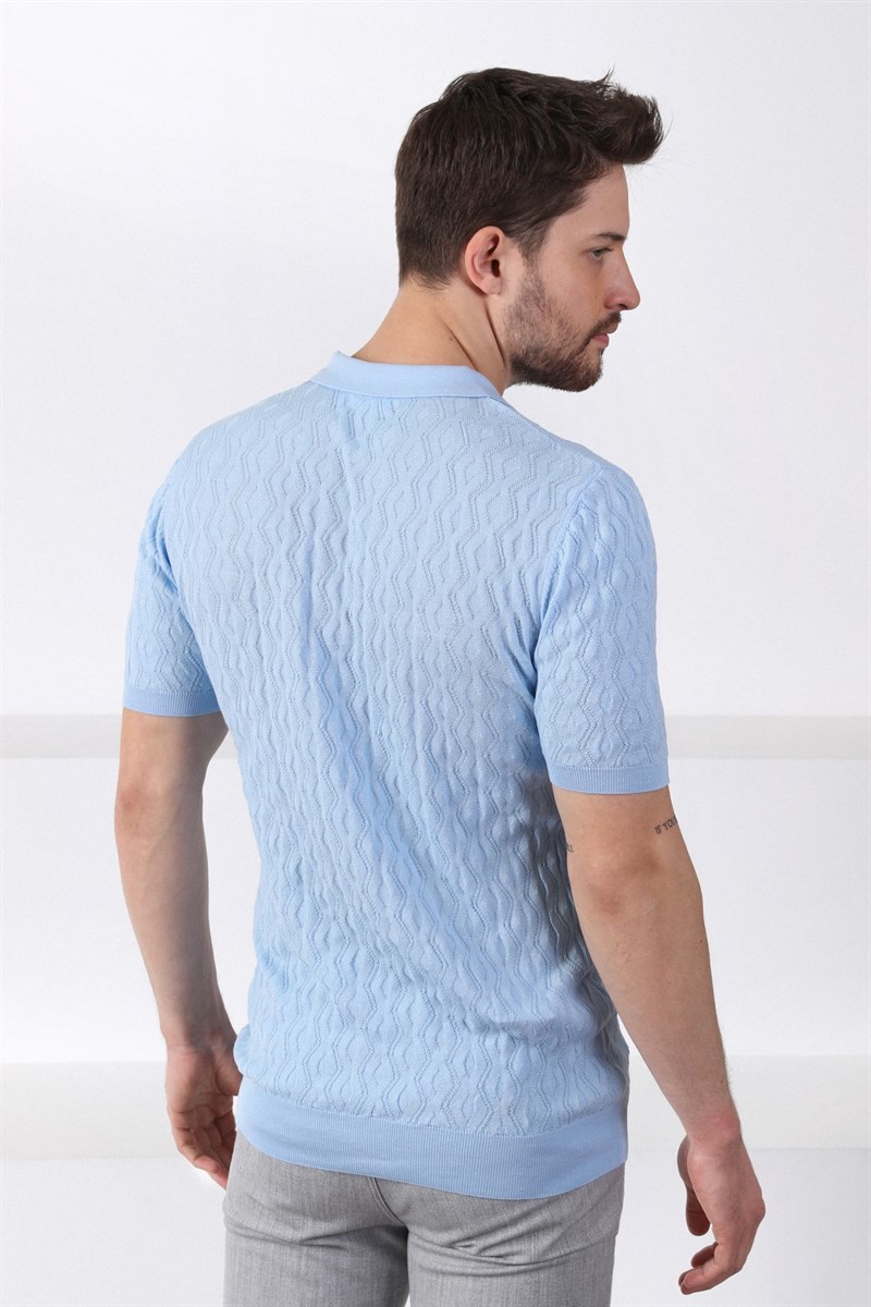 Ferraro Mavi Polo Yaka Fermuarlı Erkek Pamuk Triko T-Shirt