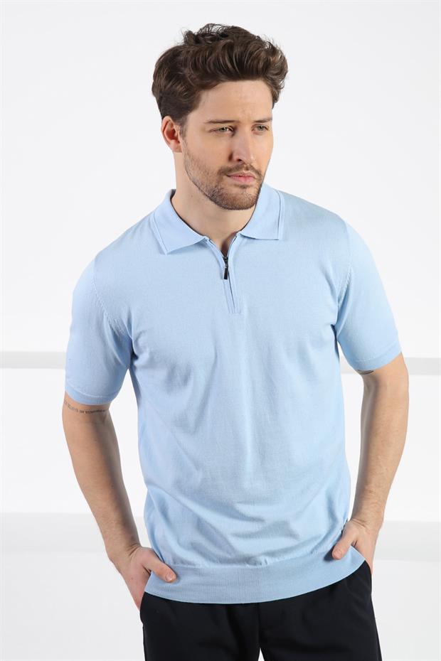 Ferraro Mavi Polo Yaka Fermuarlı Erkek Pamuk Triko T-Shirt