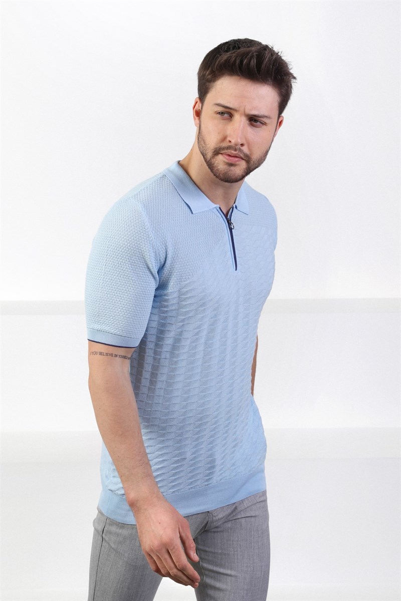Ferraro Mavi Polo Yaka Fermuarlı Erkek Pamuk Triko T-Shirt
