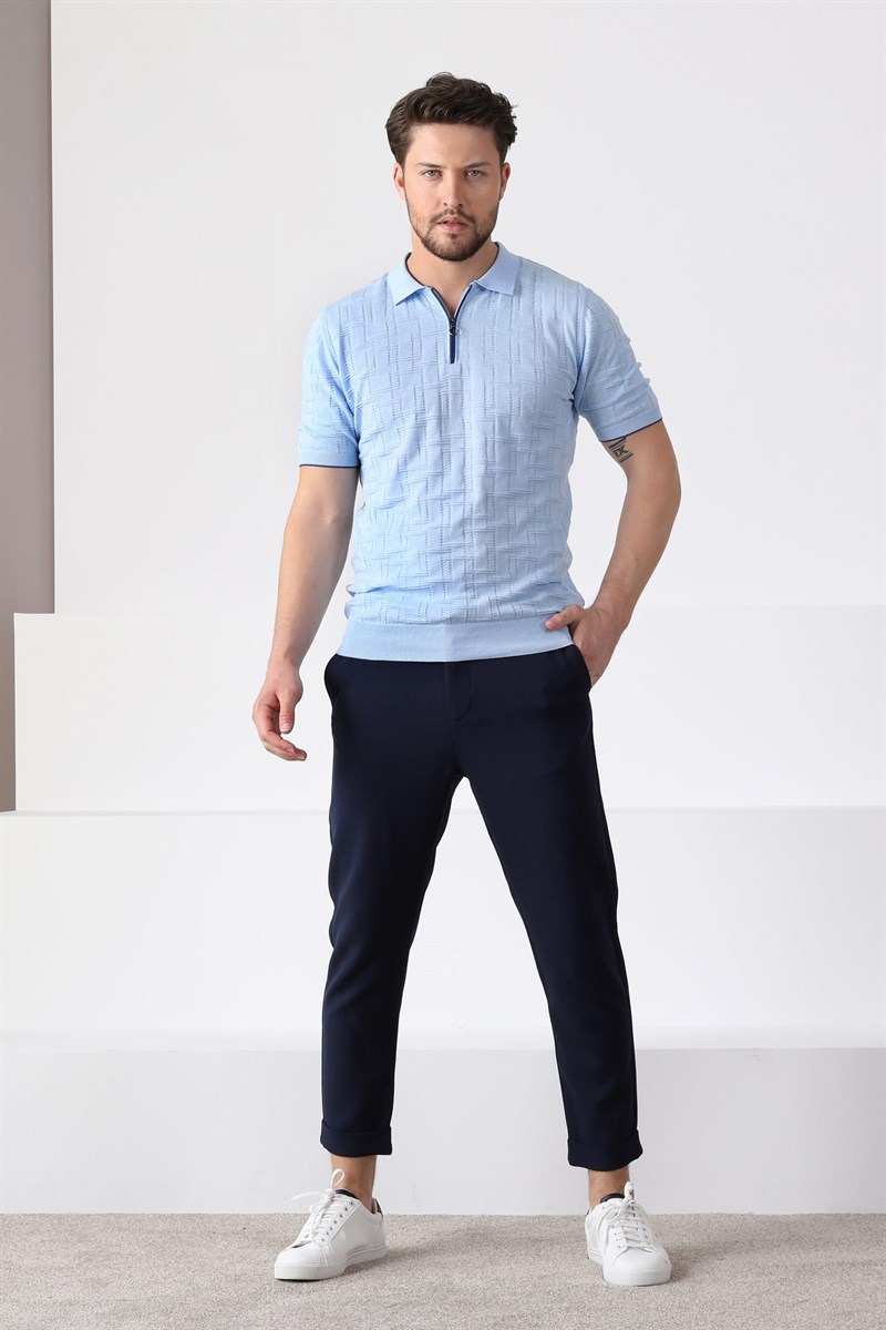 Ferraro Mavi Polo Yaka Fermuarlı Erkek Pamuk Triko T-Shirt