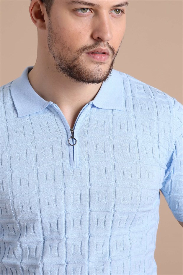 Ferraro Mavi Polo Yaka Fermuarlı Erkek Pamuk Triko T-Shirt