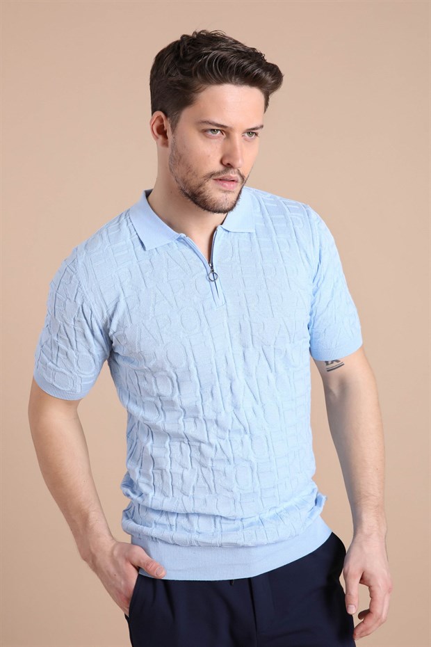 Ferraro Mavi Polo Yaka Fermuarlı Erkek Pamuk Triko T-Shirt