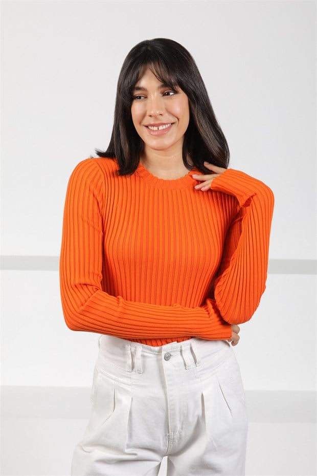 Ferraro Orange Bisiklet Yaka Uzun Kollu Fitilli Pamuklu Kadın Triko Kazak