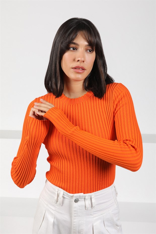 Ferraro Orange Bisiklet Yaka Uzun Kollu Fitilli Pamuklu Kadın Triko Kazak