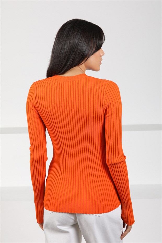 Ferraro Orange Bisiklet Yaka Uzun Kollu Fitilli Pamuklu Kadın Triko Kazak